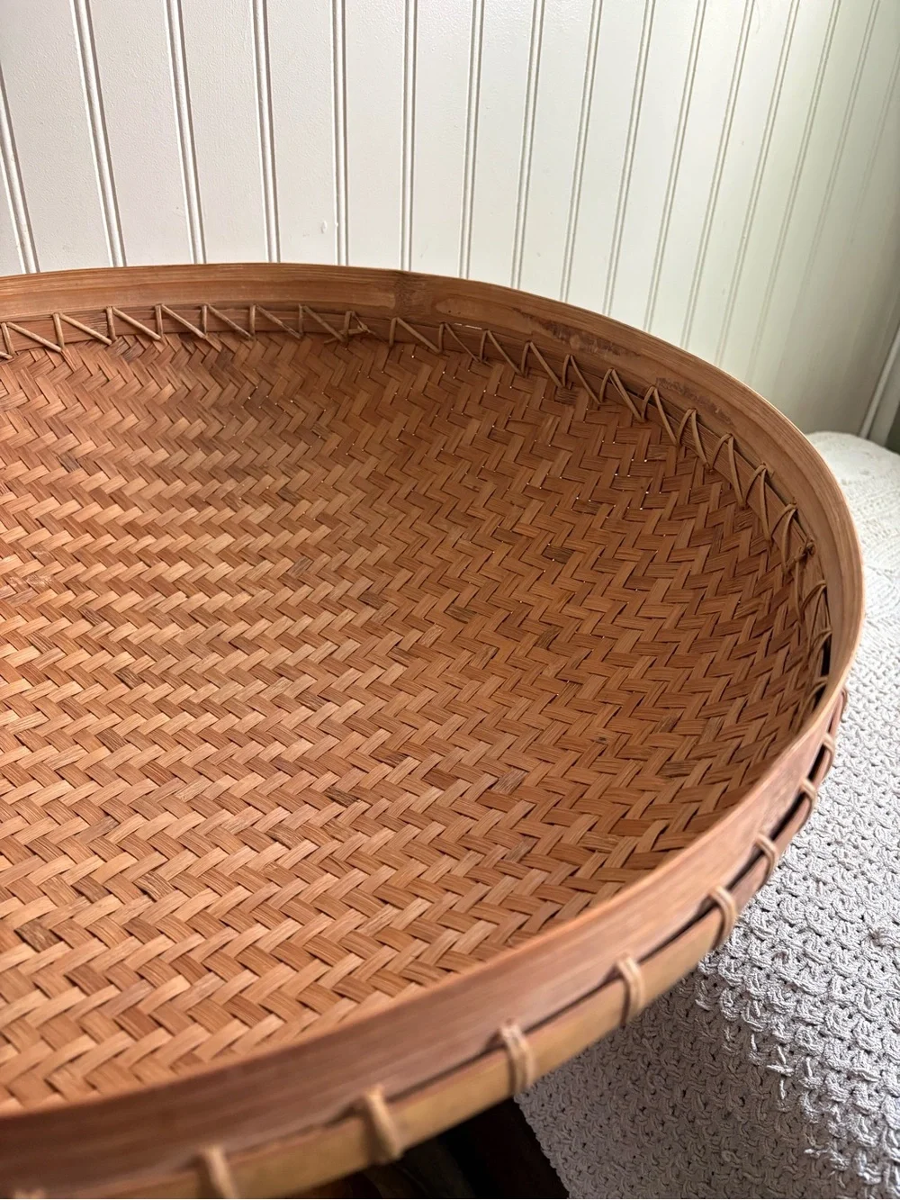 Vintage Large Woven Bamboo Asian Winnowing Basket Brown 20” Diameter Traditional